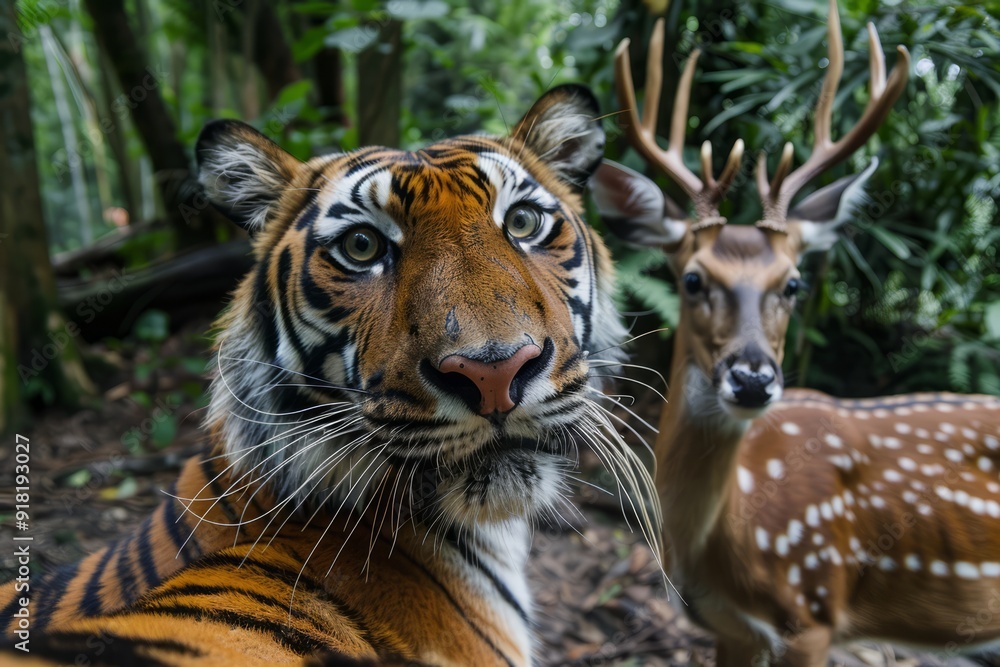 Fototapeta premium A tiger taking a selfie with a deer
