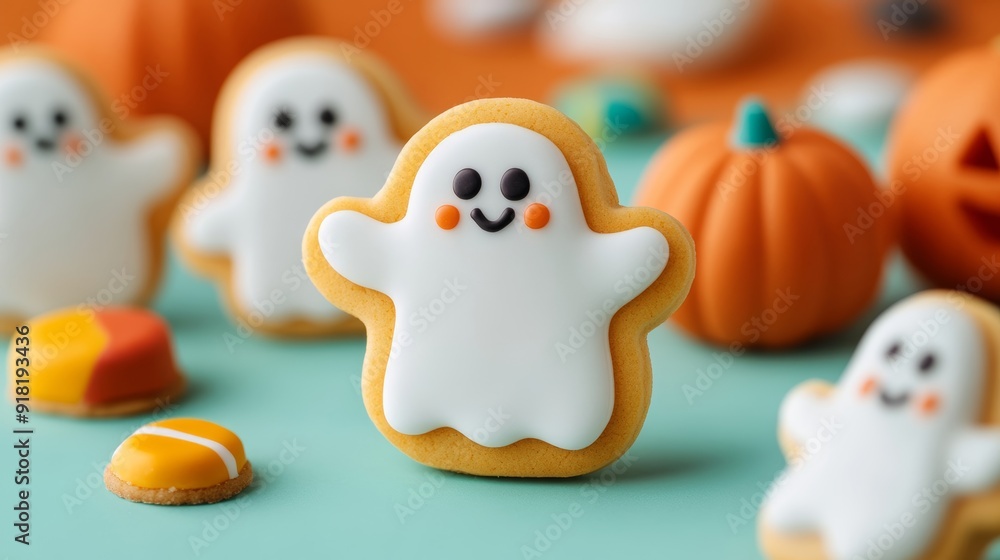 Whimsical Halloween package design for cookies, featuring friendly ghosts and colorful candies, bright and cheerful colors, isolated on a white background Whimsical Halloween package design for cookies, featuring friendly ghosts and colorful candies, bright and cheerful colors, isolated on a white background
