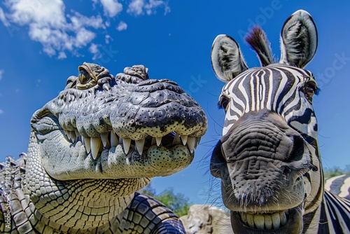 A crocodile taking a selfie with a zebra