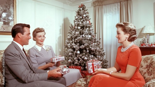Wide angle shot of a 1950s-style living room decorated for Christmas, with a silver tinsel tree, vintage ornaments, and family members in retro attire exchanging gifts 