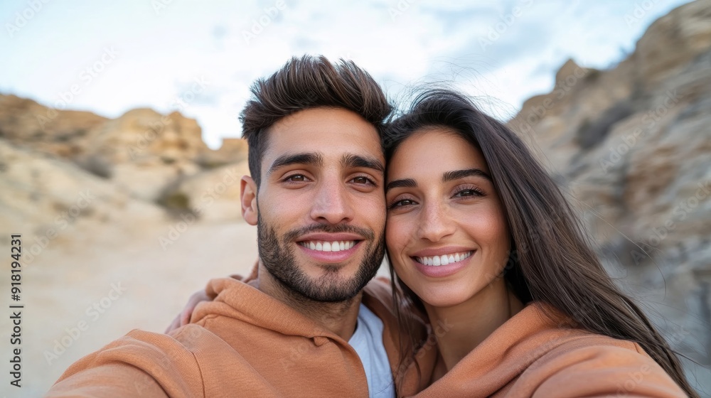 Wide angle shot of a couple wearing matching sweatshirts, smiling and posing for a selfie in a scenic outdoor location Wide angle shot of a couple wearing matching sweatshirts, smiling and posing for a selfie in a scenic outdoor location