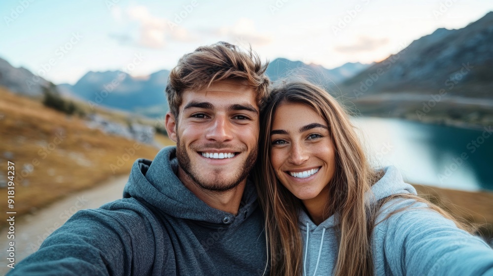 Wide angle shot of a couple wearing matching sweatshirts, smiling and posing for a selfie in a scenic outdoor location Wide angle shot of a couple wearing matching sweatshirts, smiling and posing for a selfie in a scenic outdoor location