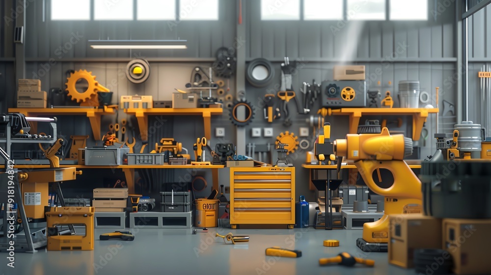 Light industrial equipment, 3D render, workshop setting Light industrial equipment, 3D render, workshop setting