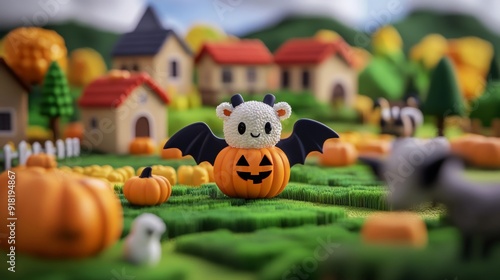 Wide angle shot of a farmyard with cute animals like a lamb in a pumpkin costume and a goat with bat wings, playing in a Halloween-themed area 