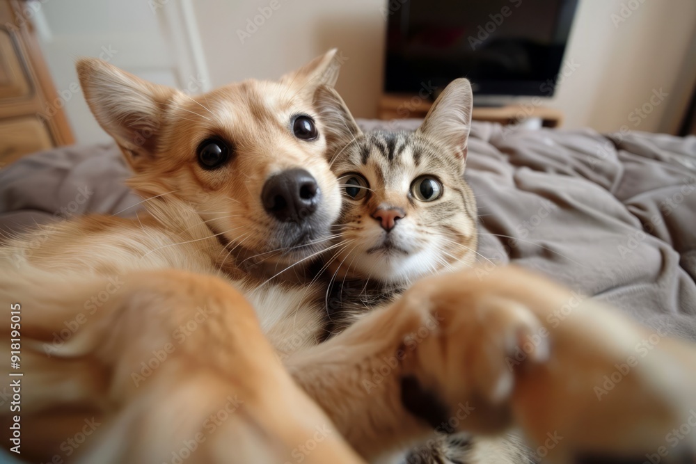 A cat taking a selfie with a dog A cat taking a selfie with a dog
