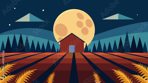 Harvest Moon: A full moon rising over a field of harvested crops or a rustic barn.

