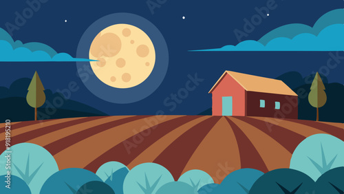 Harvest Moon: A full moon rising over a field of harvested crops or a rustic barn.
