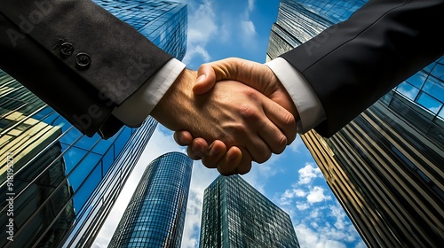 Confident Business Professionals Engaging in a Firm Handshake to Seal a Successful Partnership in a Modern Office Setting photo