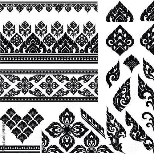 Thai Pattern Motif in Silhouette Flat Illustration for Asian Art Style Decoration