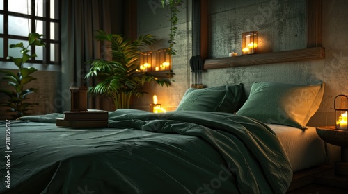 Bedroom with green bedding, lit candles, and evening lamps