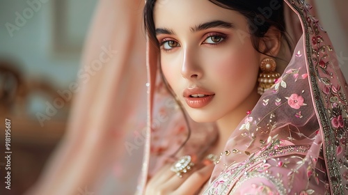 Beautiful Bride in Pink Wedding Sari with Jewelry