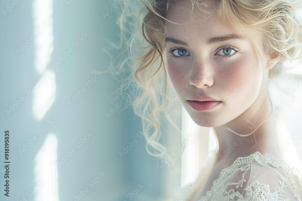 close-up of a young beautiful woman in white dress, Generative AI close-up of a young beautiful woman in white dress, Generative AI