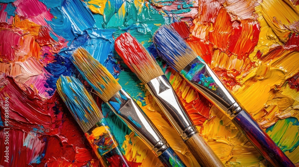 Fototapeta premium A top view of paintbrushes dipped in vibrant colors scattered across a multicolored canvas, showcasing artistic creativity.