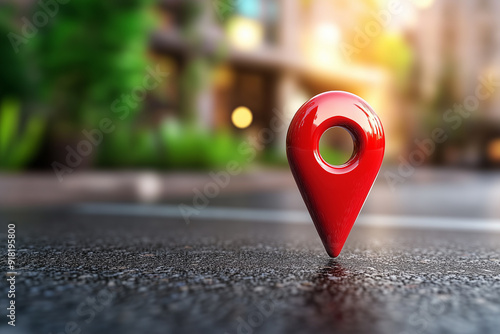 A red pin marker on the ground, like an icon for maps. symbolizing location information or branding within online search engine applications. photo