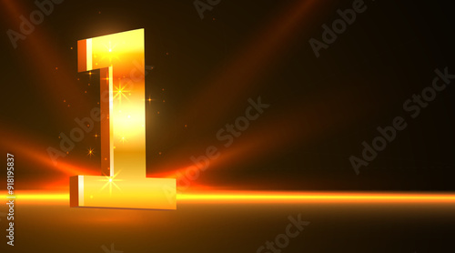 Golden number 1 on dark background. Symbol of victory, achievement, success, rewarding of winner.