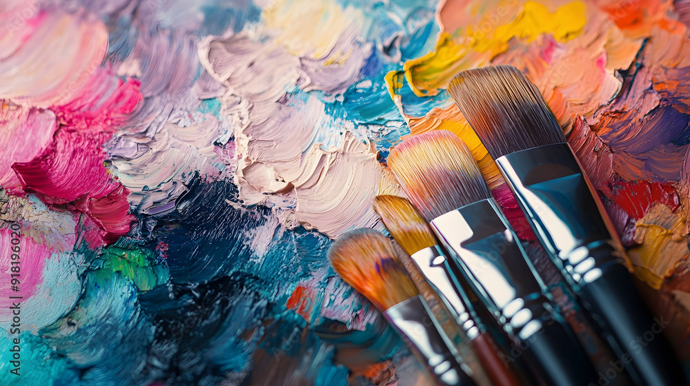 Fototapeta premium AI-Generated Art: Creativity in the Digital Age - An illustration showing AI creating art, with digital brushes and colors blending to form abstract and original pieces