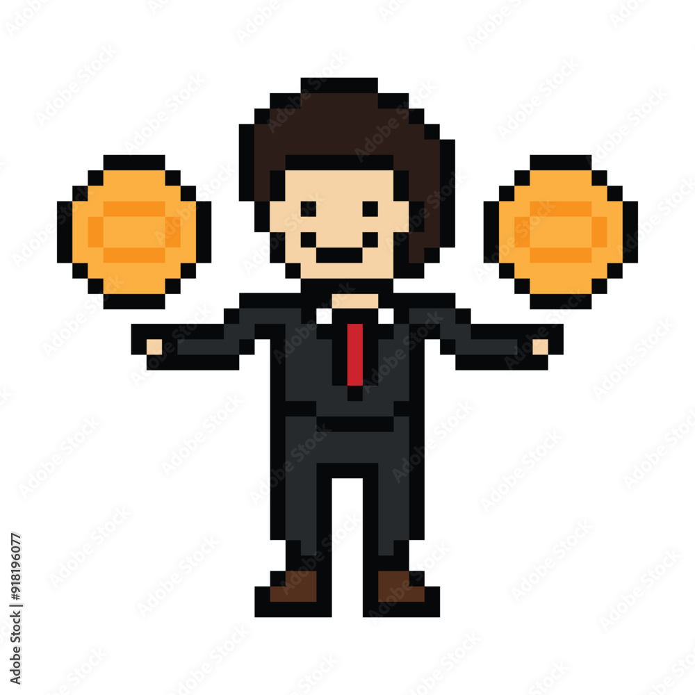 Obraz premium Cute pixel cartoon 8bit character business man businessman smart work game for decoration business 8 bit male career smart character game png vector.