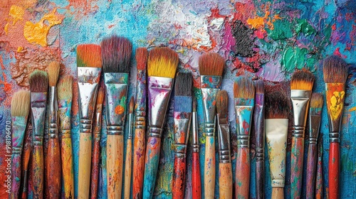 A variety of paintbrushes and paint tubes arranged on a colorful, abstract canvas background, viewed from the top.