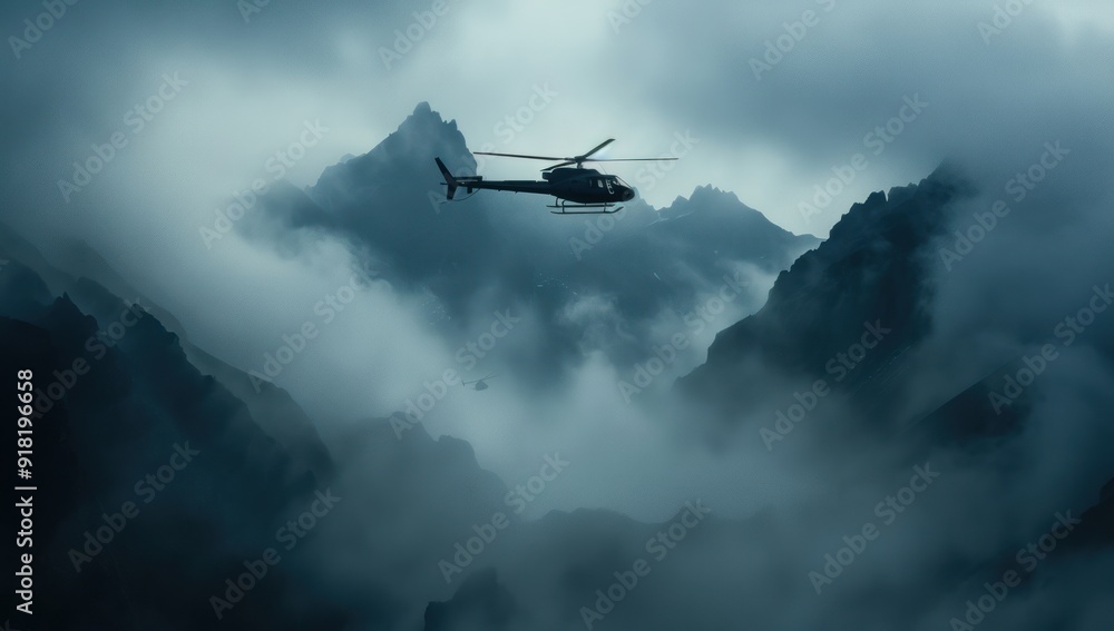 Helicopter Flying Through Foggy Mountains Helicopter Flying Through Foggy Mountains
