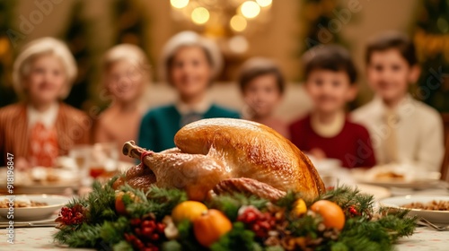 Wide angle shot of a retro Thanksgiving dinner table with a roasted turkey, vintage dishes, and classic decorations, surrounded by family members in 1980s attire 