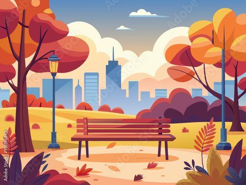 Autumn city park with bench. Autumn landscape. Vector illustration
