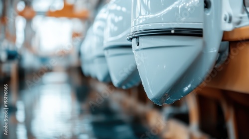 Image shows multiple outboard motors aligned in a row, shining above a reflective water surface, giving a sense of precision and cleanliness ideal for marine enthusiasts. photo