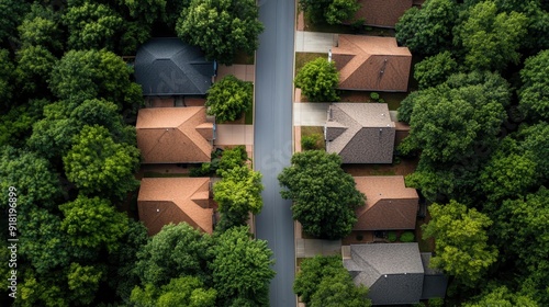 Image depicts an aerial view of a residential area with houses having varied roof colors, nestled among abundant green trees, symbolizing diversity and unity in urban settings. photo