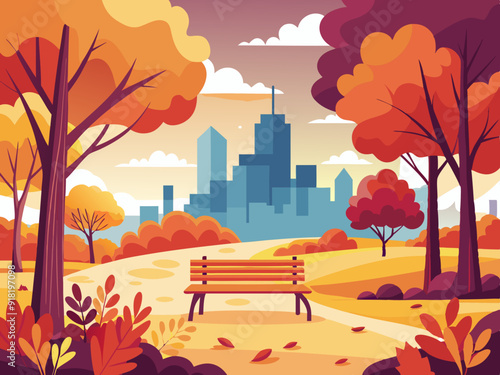 Autumn city park with bench. Autumn landscape. Vector illustration