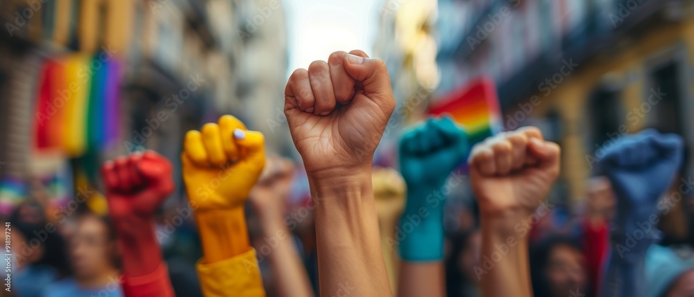 close up Pride fists hands of crowd of people on street close up Pride fists hands of crowd of people on street
