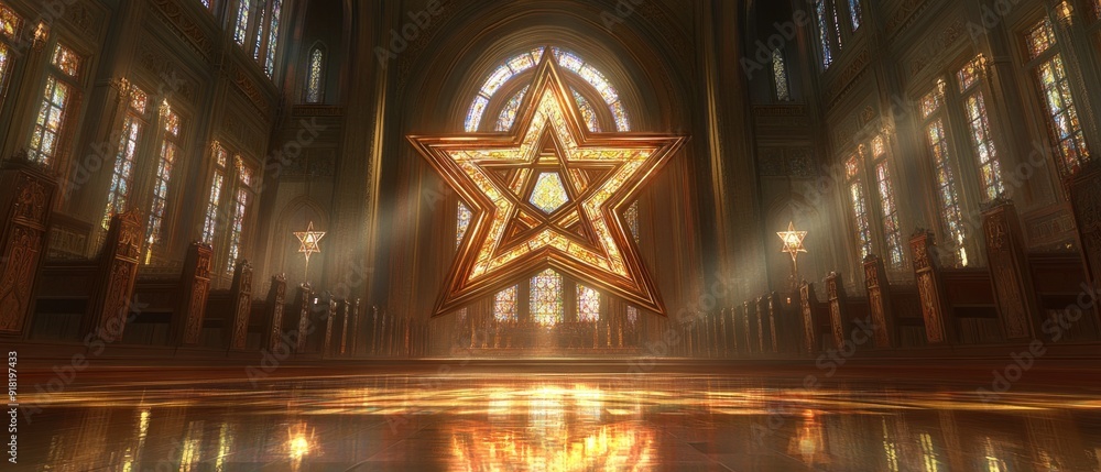 Obraz premium Star of David Synagogue Stained Glass Judaism Religion Spiritual Symbol - Generative AI