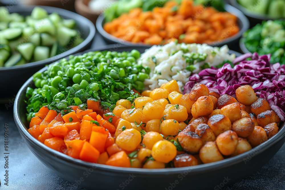 Colorful vegan plates featuring a variety of vibrant vegan dishes arranged on a table. Colorful vegan plates featuring a variety of vibrant vegan dishes arranged on a table.