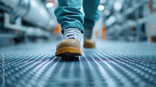 Image focusing on the close-up of a worker walking in safety boots in an industrial setting, highlighting the significance of safety equipment and workplace environment. photo