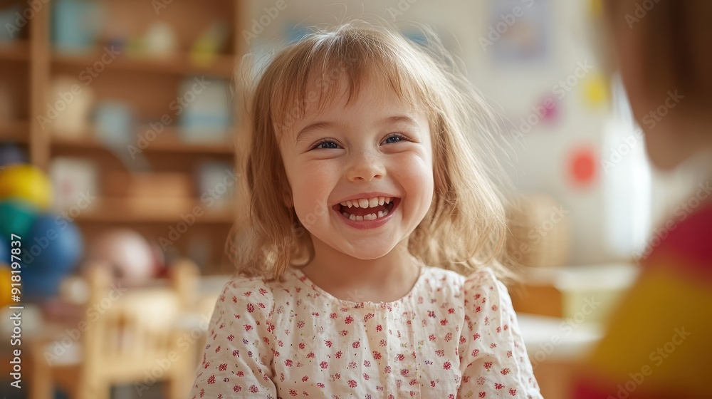 A young girl is smiling and laughing in a room with a lot of toys A young girl is smiling and laughing in a room with a lot of toys