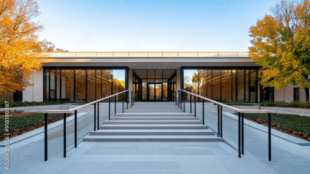 Wide angle shot of an accessible museum entrance with ramps, automatic doors, and clear signage, showcasing inclusivity Wide angle shot of an accessible museum entrance with ramps, automatic doors, and clear signage, showcasing inclusivity