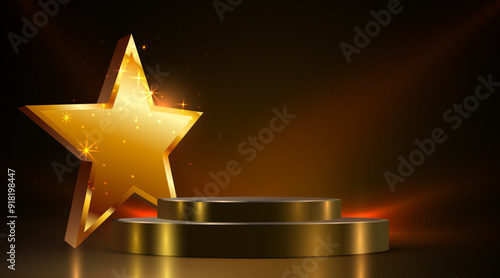 Award round podium with golden star on dark background. Vector golden symbol of victory, achievement, success, rewarding of winner.