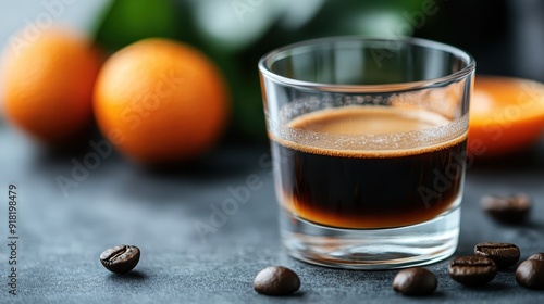 A glass filled with a dark coffee-based drink, flanked by fresh oranges. The setting is modern with a blurry background that emphasizes the drink's rich, layered texture.