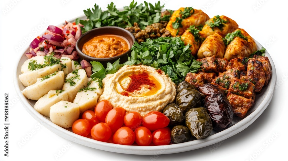 Wide-angle shot of a plate of Turkish meze, including hummus, baba ghanoush, and dolmas, isolated on white background Wide-angle shot of a plate of Turkish meze, including hummus, baba ghanoush, and dolmas, isolated on white background