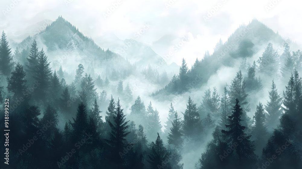 Abstract Mountain Forest with Misty Hues and Dense Foliage - An illustration of an abstract mountain forest with misty hues and dense foliage, Abstract Mountain Forest with Misty Hues and Dense Foliage - An illustration of an abstract mountain forest with misty hues and dense foliage,