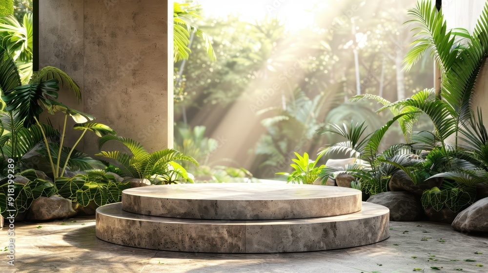 Sunlit Concrete Platform Surrounded by Lush Greenery in a Modern Outdoor Setting Sunlit Concrete Platform Surrounded by Lush Greenery in a Modern Outdoor Setting