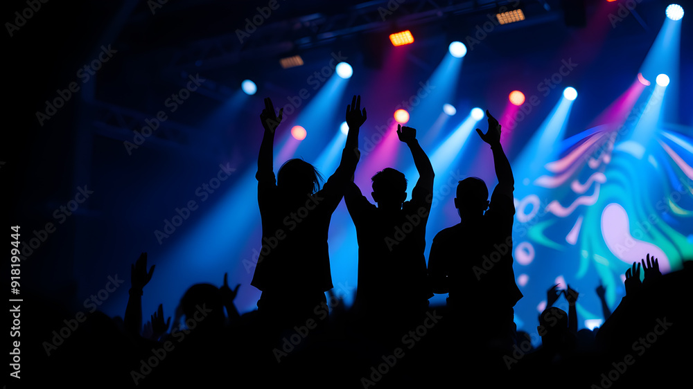 Silhouettes of unrecognizable people holding hands up and having fun during amazing music performance. Generative AI Silhouettes of unrecognizable people holding hands up and having fun during amazing music performance. Generative AI