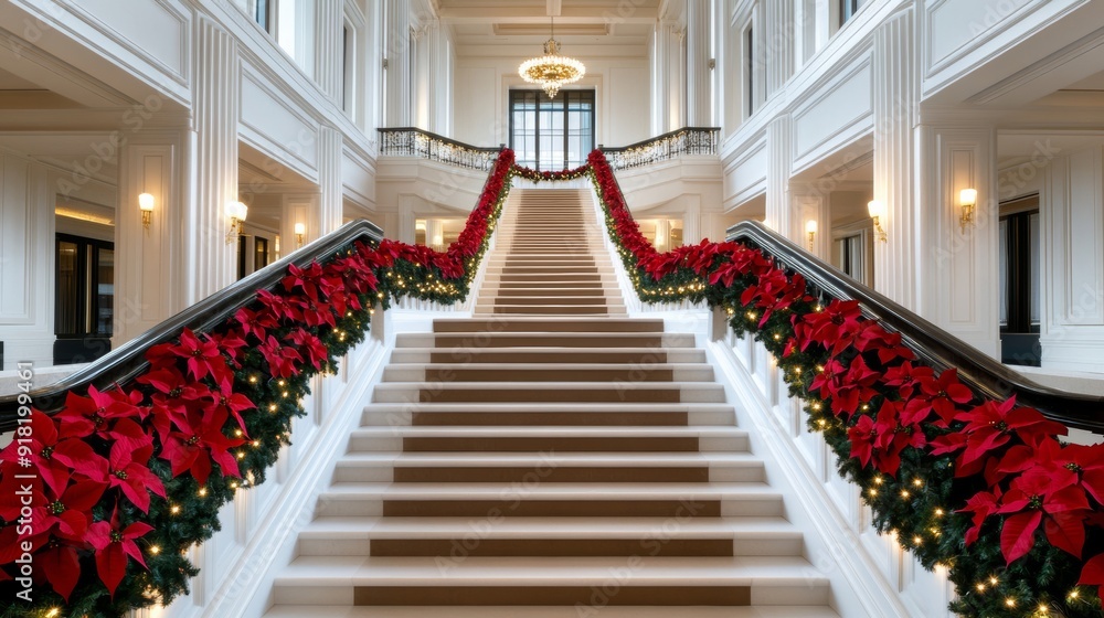 Obraz premium wide-angle view of a hotel's grand staircase adorned with garlands, lights, and poinsettias, elegant holiday decor 