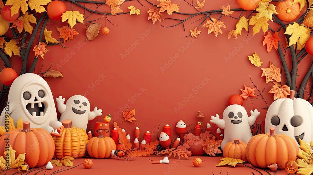 Naklejka premium Whimsical frame with candy corn and smiling ghosts, perfect for festive social media posts