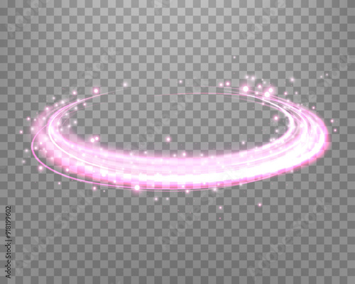 Glowing pink magic rings. Dynamic orbital flare halo ring. Neon realistic energy swoosh swirl. Abstract light effect on a transparent background. Vector illustration.