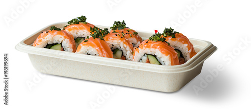 Japanese sushi takeaway in box.  Cut out, isolated, transparent png, add your own background. Faint shadow for 3d effect.