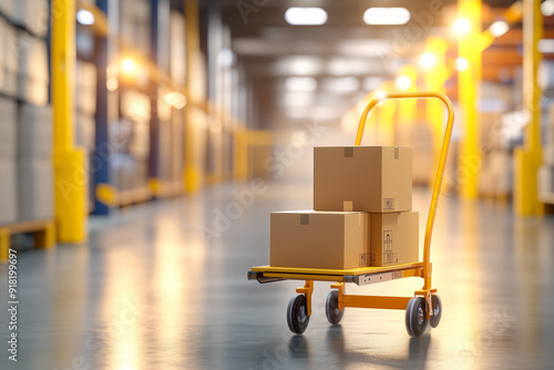 A dolly cart with boxes in the warehouse, illuminated by soft light, symbolizing the bustling activity of cargo delivery and transportation service for global trade.