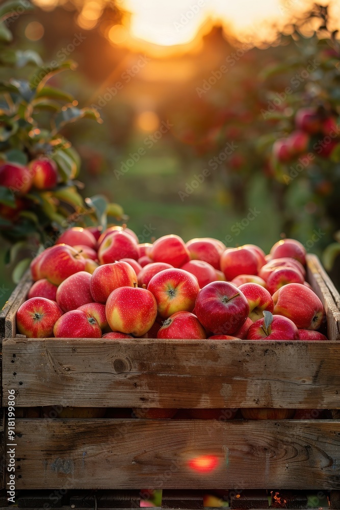 Freshly Harvested Red Apples in Wooden Crate at Sunrise in Orchard Freshly Harvested Red Apples in Wooden Crate at Sunrise in Orchard