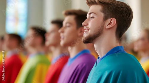 Youth church choir singing enthusiastically, colorful robes, modern church interior, wide angle, energetic and lively scene 