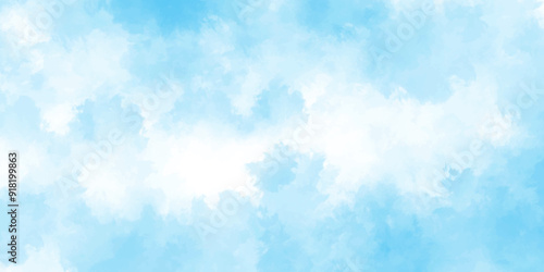 Blue sky with clouds. Light sky blue shades watercolor background. Sky Nature Landscape Background. sky background with white fluffy clouds.>< 