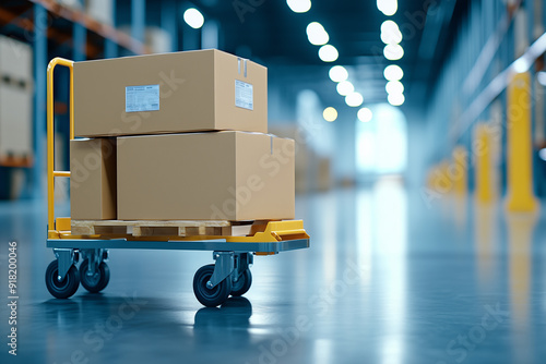 A dolly cart with boxes in the warehouse, illuminated by soft light, symbolizing the bustling activity of cargo delivery and transportation service for global trade.