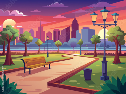 Empty park in the city scene at sunset time 